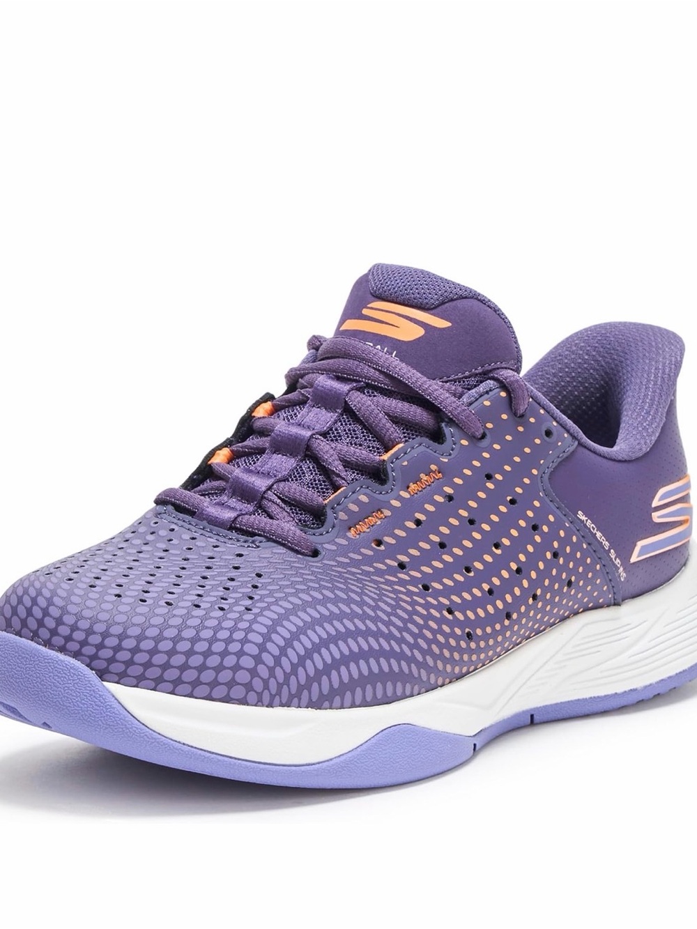 Skechers Lavender arch fit Purple pickleball shoes with Peach Logo Accents